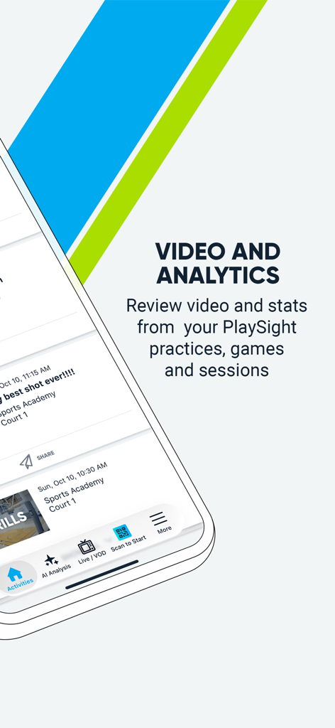 Interfaz de la aplicación PlaySight para revisar videos y análisis deportivos