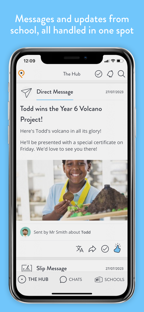 Parent Hub - A smartphone screen displaying the Parent Hub app feed with a school message about a student winning a volcano project.
