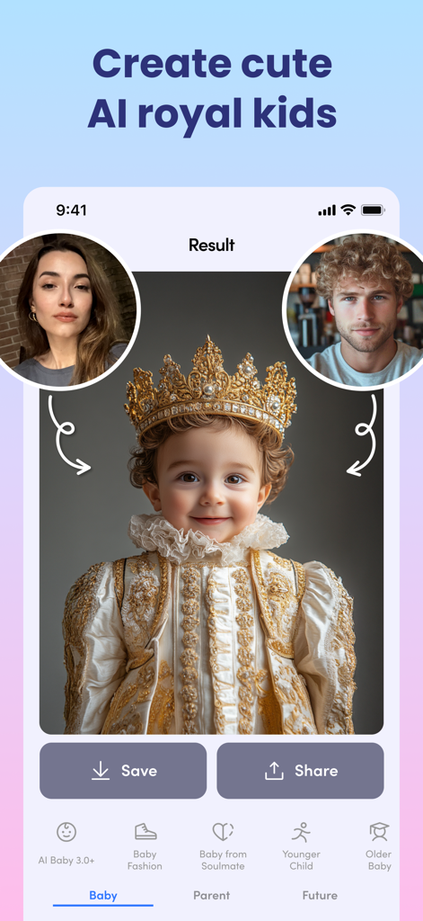 AI Baby Generator: Face Maker - Un bébé généré par IA portant une couronne dorée et une tenue royale prédite à partir des photos d'un homme et d'une femme.