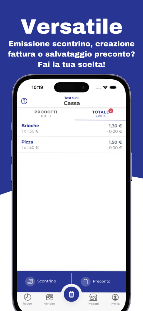 CassApp Scontrino Elettronico - A mobile app interface showing a virtual cash register checkout screen with items listed for sale and total price.