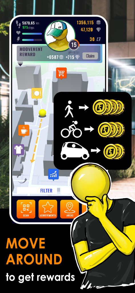 Life2App Activity & Time - Life2App mobile interface showing movement tracking on a 3D map with rewards for walking biking and driving