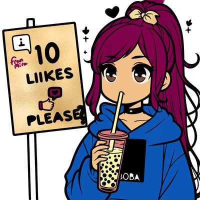 girl with a high ponytail and a hoodie drinking boba staring at a sign saying 10 likes please