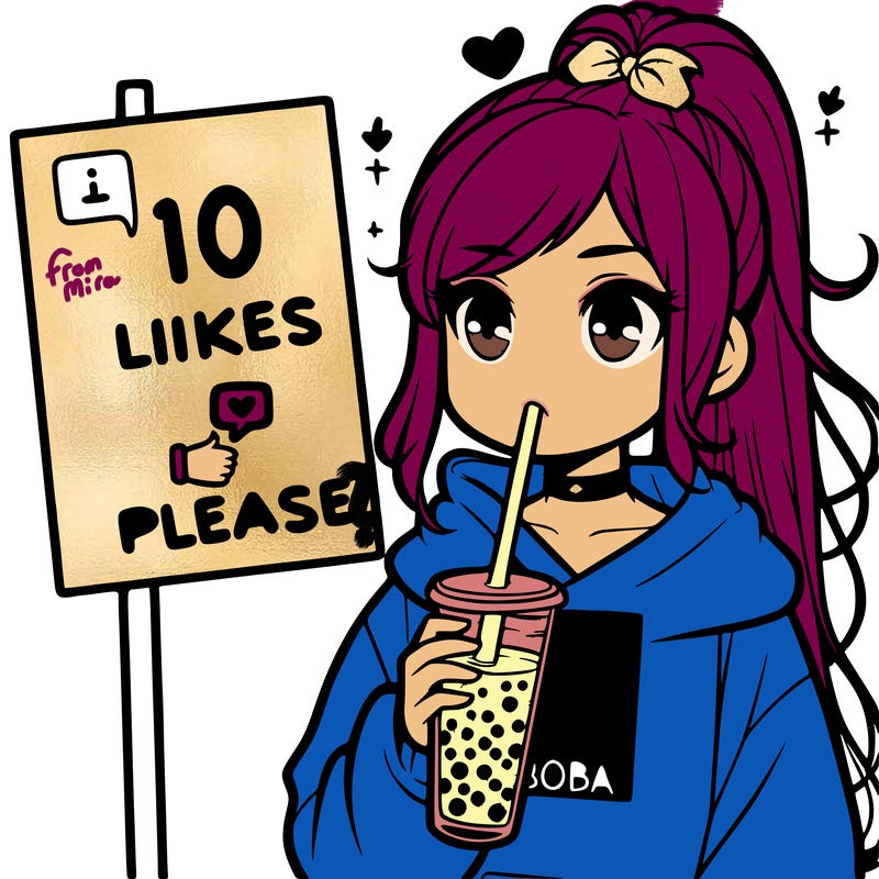 girl with a high ponytail and a hoodie drinking boba staring at a sign saying 10 likes please