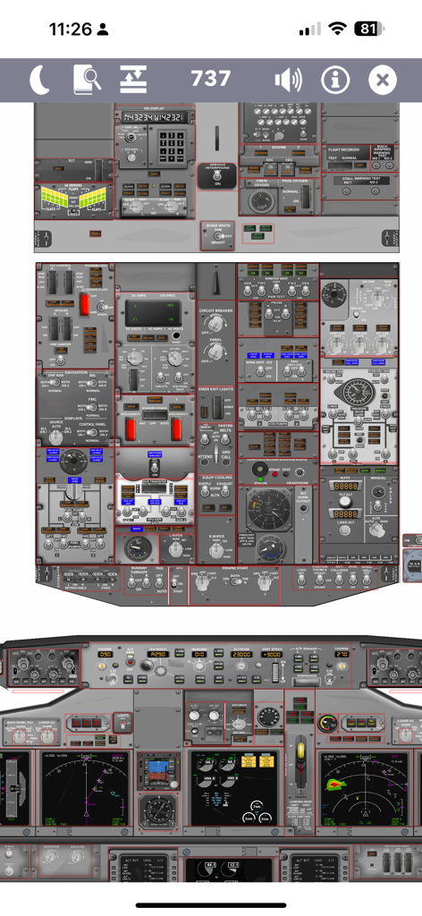 Vista detallada de los paneles de instrumentos y superiores de la cabina virtual del Boeing 737