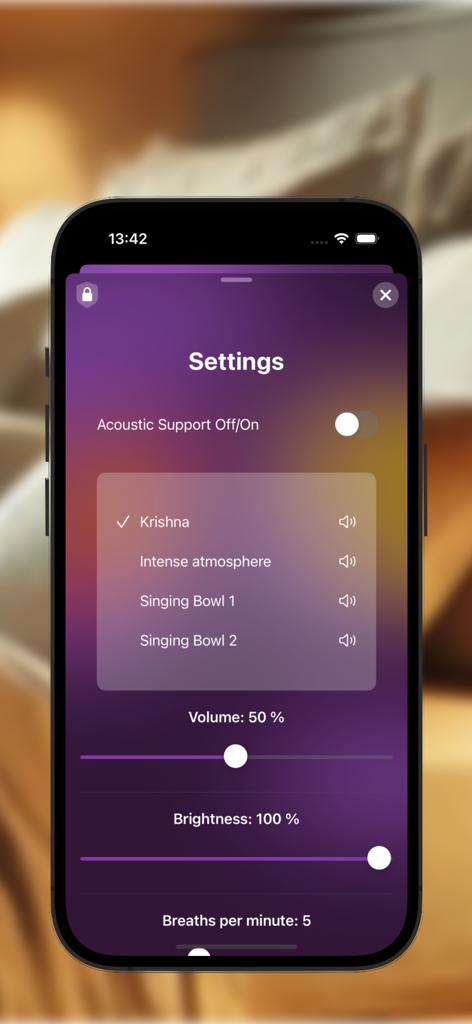 SleepLight: Breath Sleep Aid - Interface showing SleepLight app settings for acoustic support, volume, brightness, and breathing frequency.