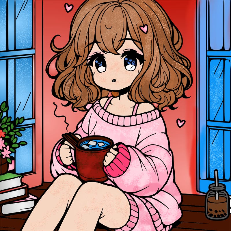 cute anime girl reading book and drinking hot chocolate from mug with loose wavy hair wearing a baggy sweatshirt and shorts sitting by windowsill looking out