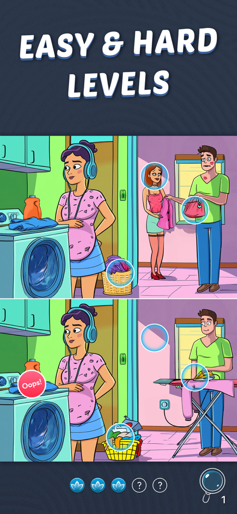 Find & spot the difference - Screenshot eines 'Finde den Unterschied'-Spiels, das einfache und schwere Levels mit Cartoon-Szenen einer häuslichen Küche und eines Waschraums zeigt.