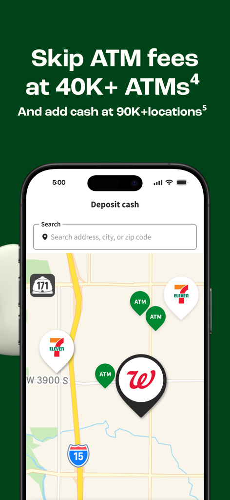 Interfaz de mapa de la aplicación Dave mostrando ubicaciones de cajeros automáticos sin comisiones y puntos de venta para depósitos en efectivo.