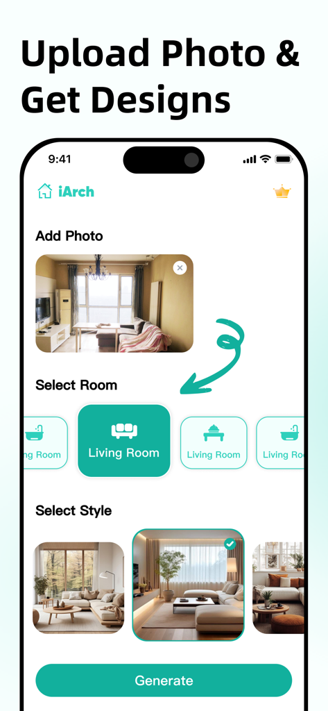 iArch - AI  Home Design - Mobile app screen for iArch showing room photo upload and AI style selection