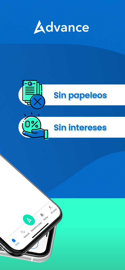 Pantalla de la app móvil para Advance mostrando beneficios de adelanto de salario sin papeleo y con cero intereses
