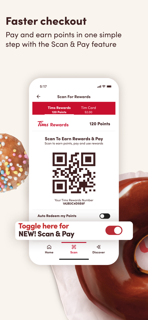 Tim Hortons mobile app screen showing the scan and pay feature with a QR code and loyalty rewards points