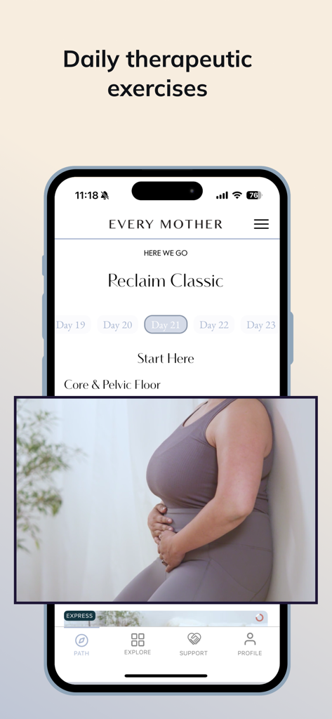 Every Mother app screenshot showing a woman performing daily therapeutic exercises for core and pelvic floor health.