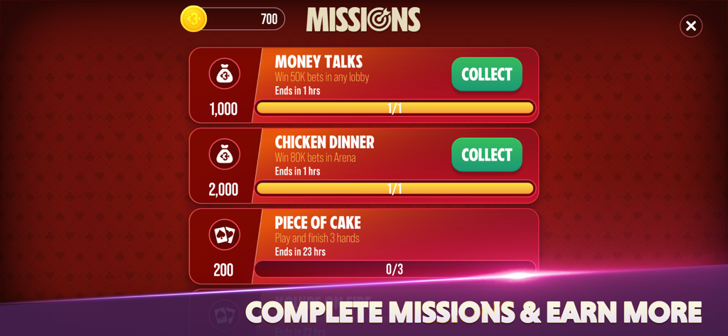 Gin Rummy Extra - Card Game - Daily missions and rewards screen in the Gin Rummy Extra mobile app.