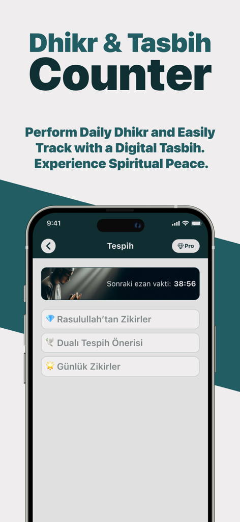 AI Quran Reader Athkar Tarteel - Pantalla del contador de Dhikr y Tasbih con opciones para zikir diario y seguimiento espiritual