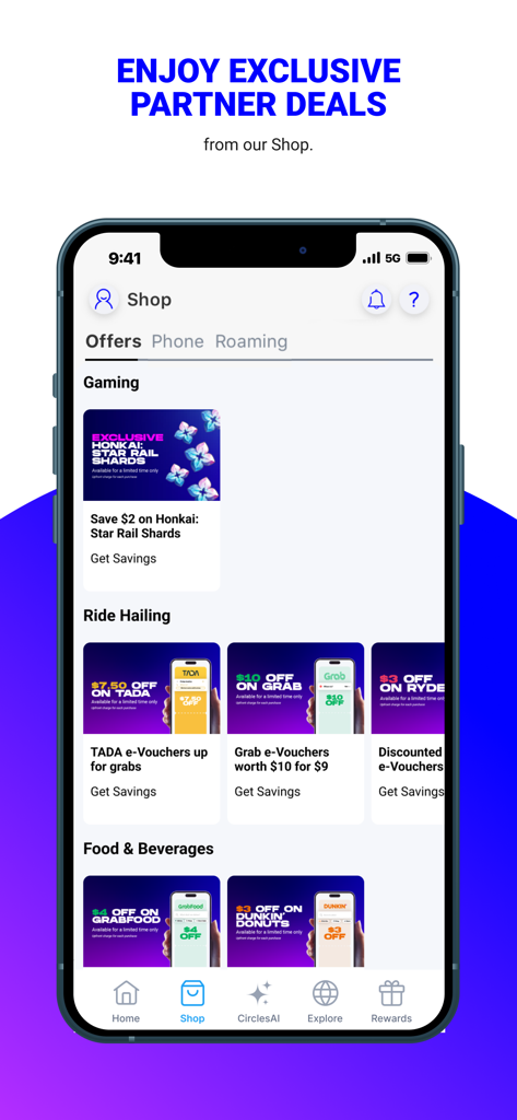 A screenshot of the Circles Life app shop showing exclusive partner deals for gaming ride hailing and food