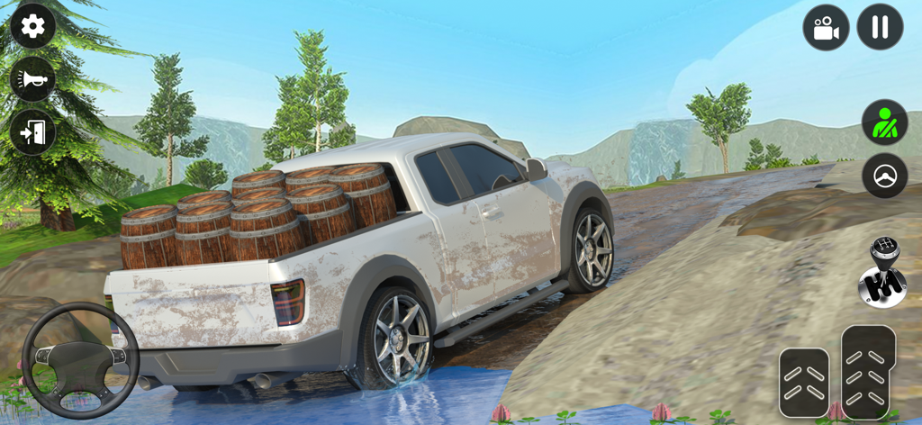 White 4x4 pickup truck carrying wooden barrels on a muddy offroad trail in a driving simulator
