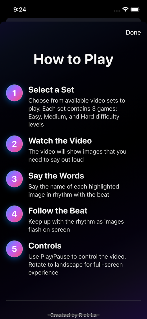 Say the Word on the Beat Game - Tutorial screen with five steps explaining how to play the rhythm word game