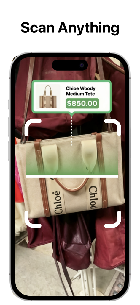 Resell AI - Resell AIアプリが高級ハンドバッグをスキャンして、850ドルの再販価値を表示している様子