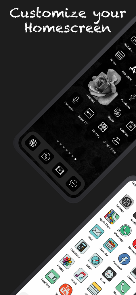 Dos iPhones mostrando temas de pantalla de inicio estéticos, oscuros y claros, con iconos personalizados