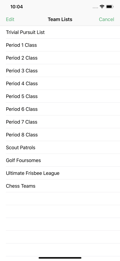 Team Shake - Team Shake app screen showing a list of saved team rosters for school classes and recreational sports