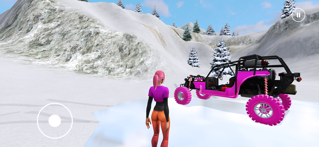 Offroad Driving School 4x4 - A customized pink offroad buggy and character in a snowy mountain landscape.