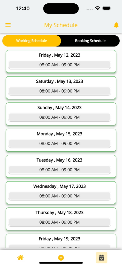 Spa Business - Interface de agenda de trabalho semanal na aplicação móvel Spa Business mostrando horas diárias das 8h às 21h