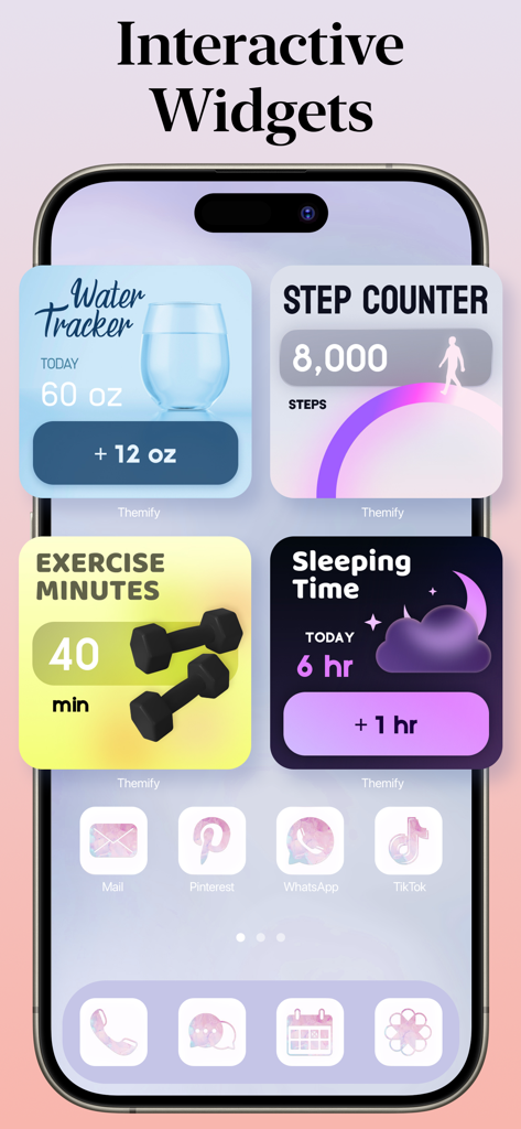 Themify - Widget & Icon Themes - Écran d'accueil d'iPhone esthétique montrant les widgets interactifs Themify pour le suivi de la consommation d'eau, des pas, des minutes d'exercice et du sommeil.