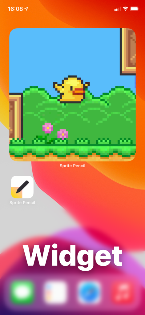 노란색 픽셀 아트 오리가 있는 Sprite Pencil 위젯이 표시된 iPhone 홈 화면.