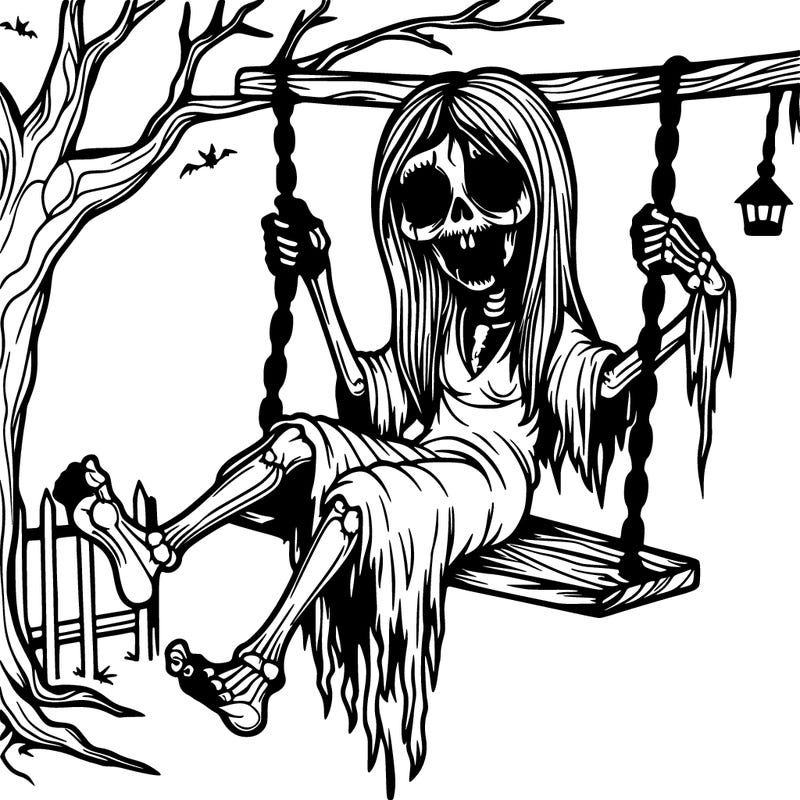 scary female ghoul sitting on a swing