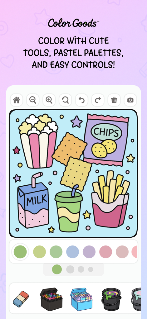 Color Goods™ - Coloring Games - A coloring interface featuring cute snacks and pastel color palettes