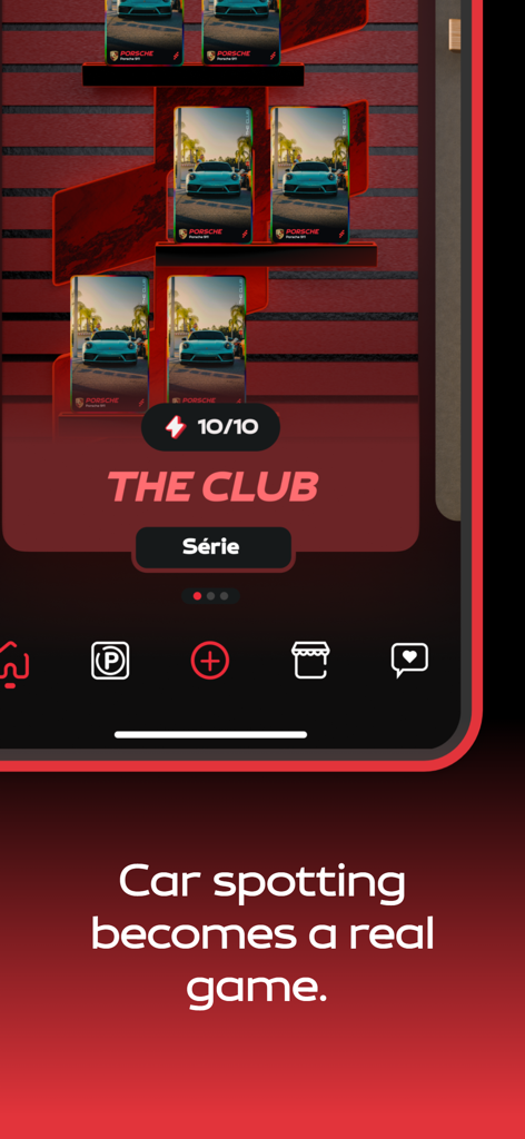 The Club (Carspotting app) - The Club mobile app interface showing a collection of digital Porsche car spotting cards in a gamified display.