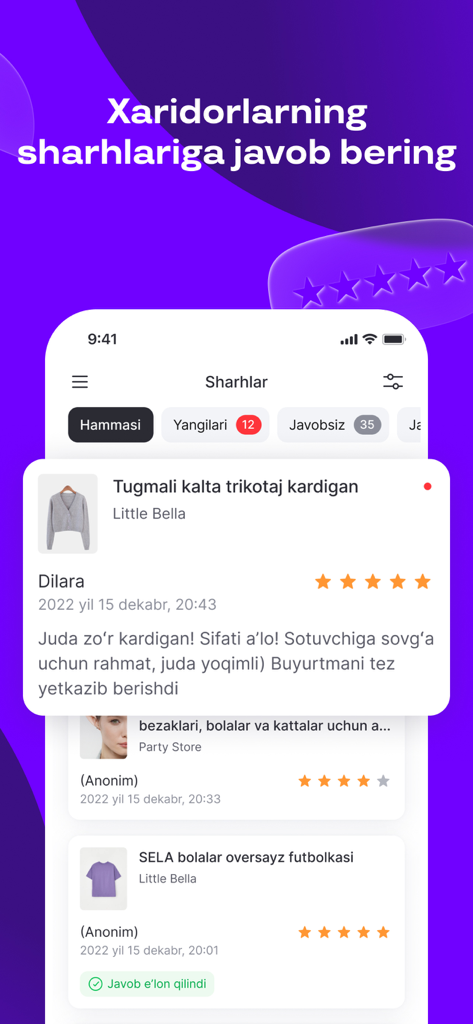 Uzum Sellers app interface displaying customer reviews and product ratings