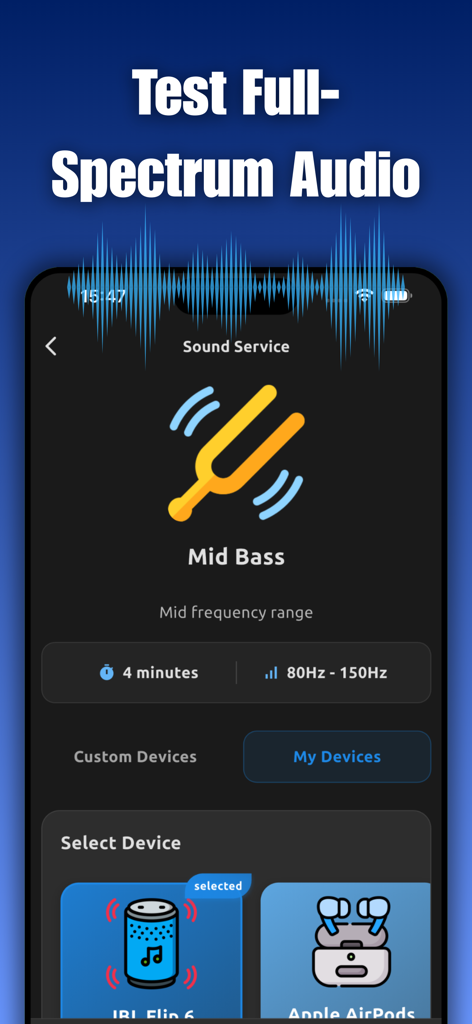 SoundCare: Speaker Cleaner - La aplicación SoundCare muestra una prueba de audio de frecuencia media-baja para altavoces y AirPods.