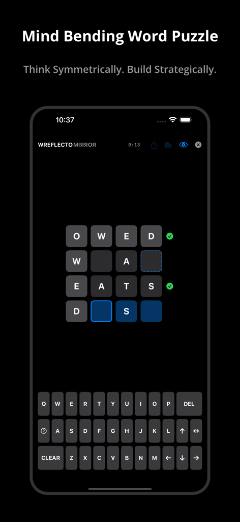 Offline Game: Wreflecto Word - Pantalla de juego de Wreflecto Word mostrando un rompecabezas de cuadrícula de 4x4 en una interfaz minimalista de modo oscuro