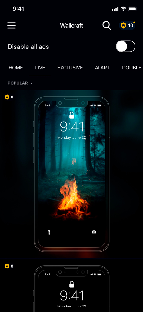 Wallcraft – Wallpapers, live - Interface do aplicativo Wallcraft mostrando uma prévia de papel de parede animado de uma fogueira em uma floresta escura em uma tela de bloqueio de iPhone