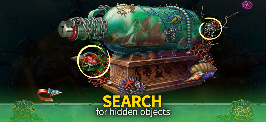 A hidden object scene in Living Legends Voice featuring a ship in a bottle and maritime artifacts