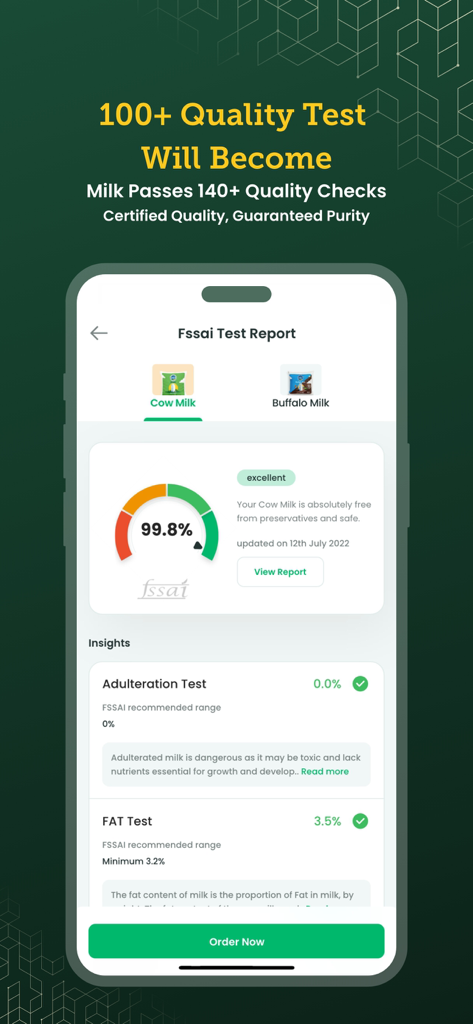 Mobile app screen displaying a milk quality test report with purity scores and adulteration checks