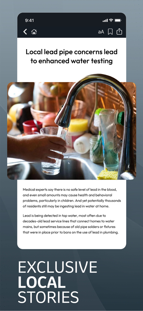 Richmond Times-Dispatch mobile app showing an exclusive local news article about water testing.