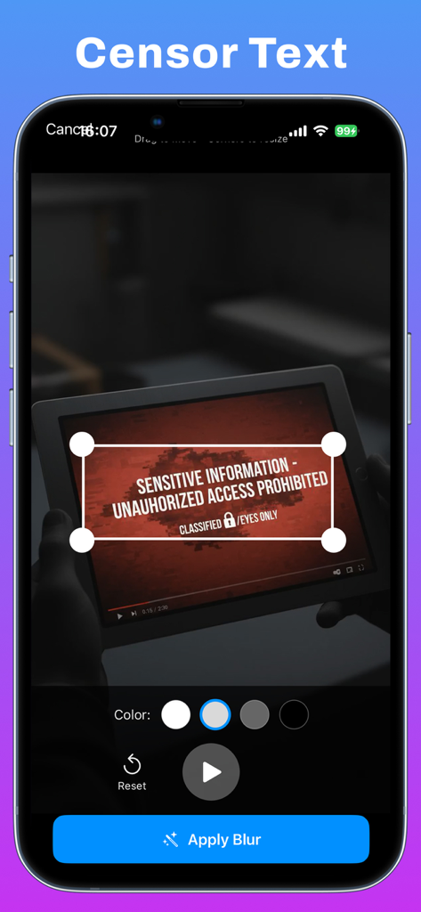 Mobile app interface showing the censor text feature with a selection box over sensitive content in a video.