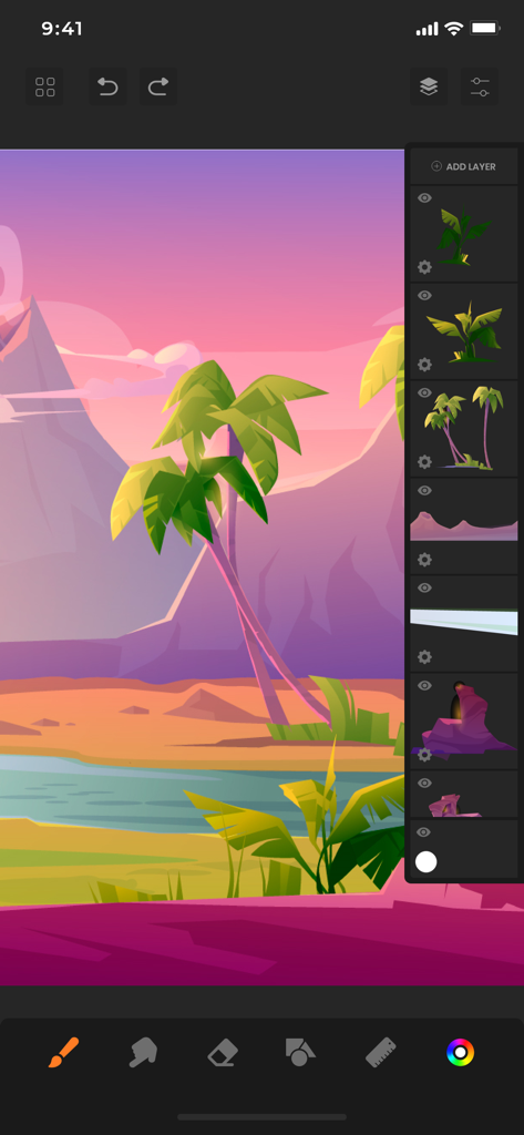 Digital illustration of a tropical landscape in Sketchbook app with layers panel visible