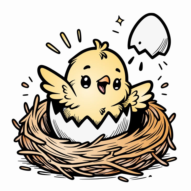 a baby chick hatching from an egg in a nest