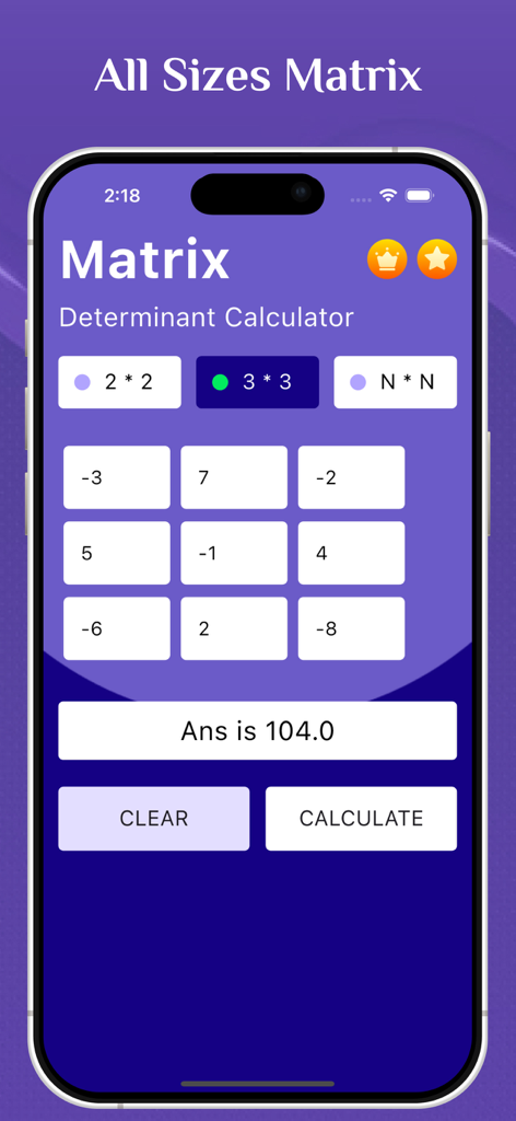 Matrix Determinant Calculator app interface showing a 3x3 matrix calculation result