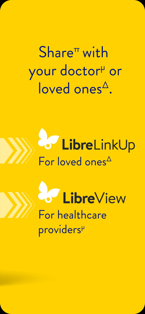 Libre by Abbott - Screen highlighting the ability to share glucose data with doctors using LibreView and loved ones using LibreLinkUp