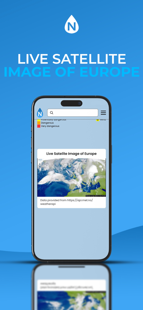 Novo Weather - iPhone displaying a live satellite weather image of Europe in the Novo Weather app