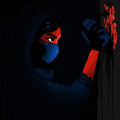 realistic girl with mask spray painting a wall