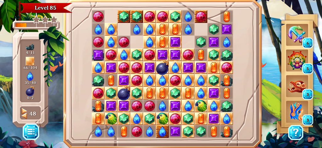 Jewel Quest - Match3 Adventure - A screenshot of Jewel Quest Match3 Adventure showing the level 85 puzzle board with colorful gems and pirate themed power ups