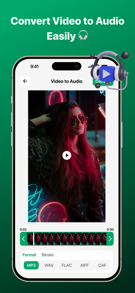 Una pantalla de smartphone que muestra la función de conversión de video a audio de la aplicación WAM con opciones para formatos MP3 y WAV.