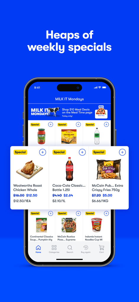 MILKRUN app screen displaying weekly grocery specials on roast chicken, Coca-Cola, and frozen fries.