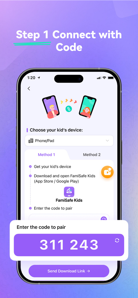 Setup screen showing a pairing code to connect a child device to the Fammy parental control app