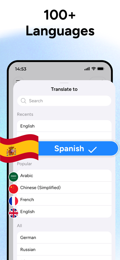 AI Translator - Translate AI - AI Translator app interface showing the language selection menu with Spanish selected among 100 plus supported languages.